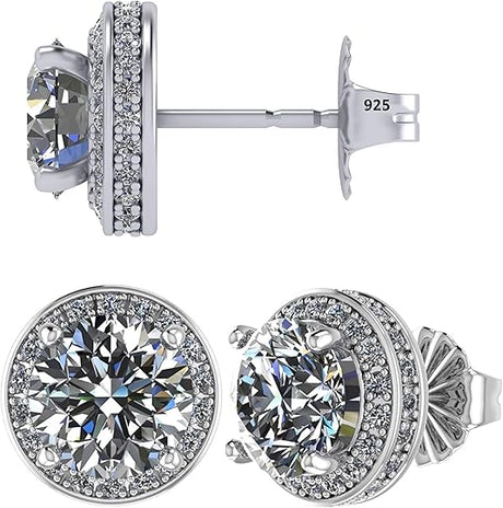 Round Halo Stud Earrings 0.85cttw-4.50cttw in Sterling Silver w/Pure Brilliance Zirconia, Hypoallergenic