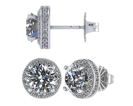 Round halo stud earrings with pure brilliance zirconia, sterling silver, hypoallergenic.