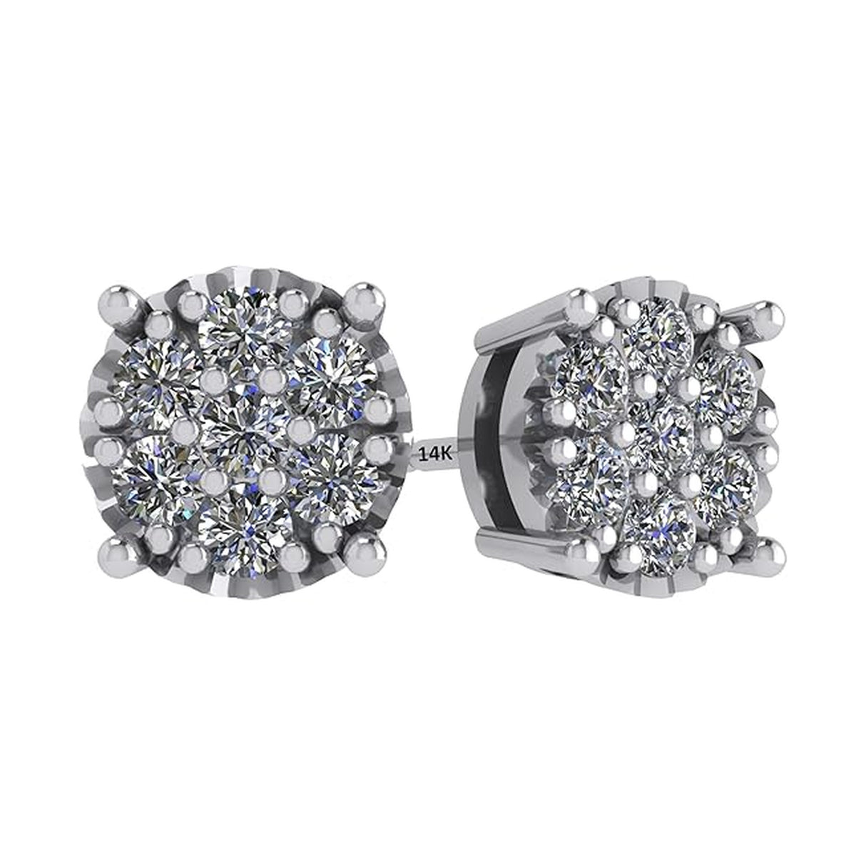Diamond Stud Earrings CVD Lab Grown Diamonds solid 14K post & Silver basket, 7 or 9 Stone Cluster
