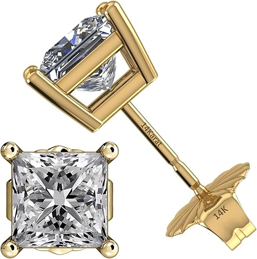 Central Diamond Center Princess Cut CVD Lab-grown Diamond Stud Earrings 14K solid Gold from 0.20ct to 2.00ct E-F VS-SI