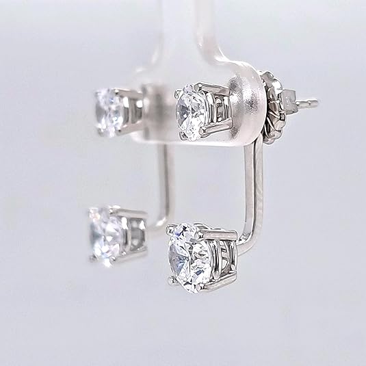 Central Diamond Center Earring Jackets with Cubic Zirconia – Sterling Silver, Adjustable Drop Design – 1.50 CTW (5.25mm & 6.50mm Stones)