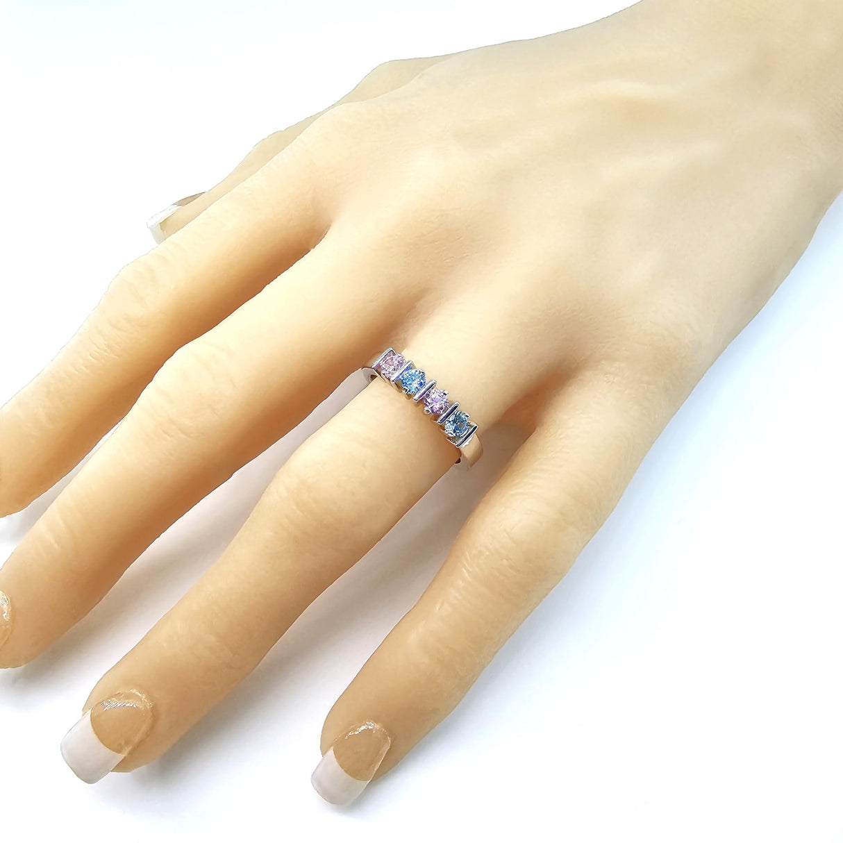 Central Diamond Center Straight Bar Mother's Ring Simulated Birthstone Ring w/ 1-6 Stones - Sterling Silver, 10K or 14K Gold