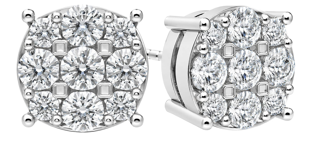 Diamond Stud Earrings CVD Lab Grown Diamonds solid 14K post & Silver basket, 7 or 9 Stone Cluster