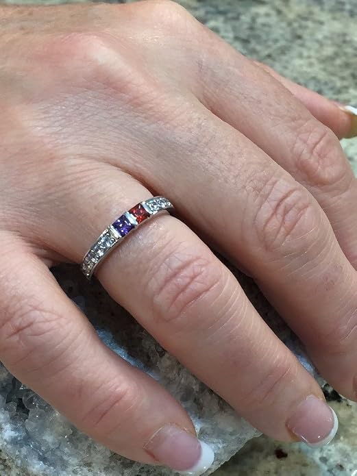 Central Diamond Center Princess w/ Side CZ Couples 2 Stone Ring w/ Simulated Birthstones in Silver 10K or 14K Gold