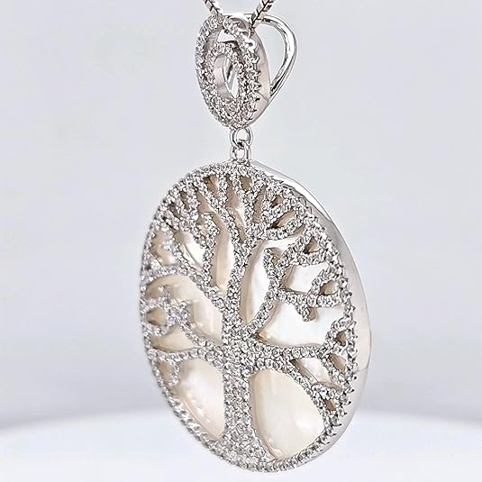 Central Diamond Center Sterling Silver Tree of Life Pendant Necklace or Earrings with CZ and Mother of Pearl – Gift for Women
