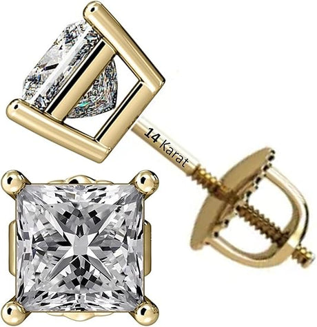 Central Diamond Center Princess Cut CVD Lab-grown Diamond Stud Earrings 14K solid Gold from 0.20ct to 2.00ct E-F VS-SI