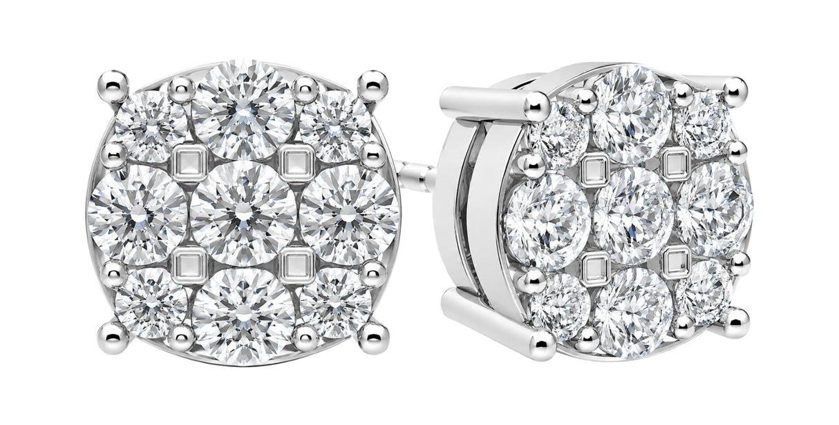 Diamond Stud Earrings CVD Lab Grown Diamonds solid 14K post & Silver basket, 7 or 9 Stone Cluster