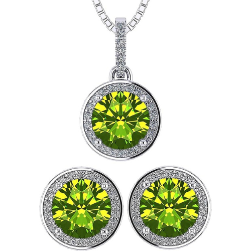 Central Diamond Center Round Halo Earring & Necklace Set w/ 6.5mm Simulated Birthstones in 925 Sterling Silver, Hypoallergenic