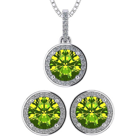 Central Diamond Center Round Halo Earring & Necklace Set w/ 6.5mm Simulated Birthstones in 925 Sterling Silver, Hypoallergenic