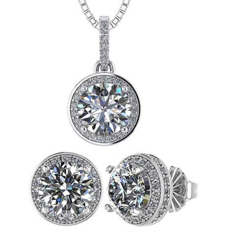 Central Diamond Center Round Halo Earring & Necklace Set w/ 6.5mm Simulated Birthstones in 925 Sterling Silver, Hypoallergenic