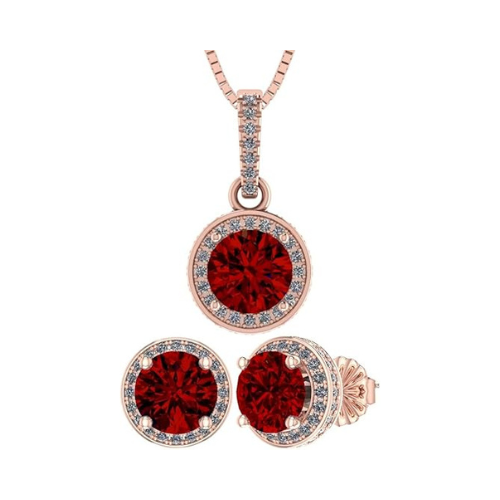 Central Diamond Center Round Halo Earring & Necklace Set w/ 6.5mm Simulated Birthstones in 925 Sterling Silver, Hypoallergenic