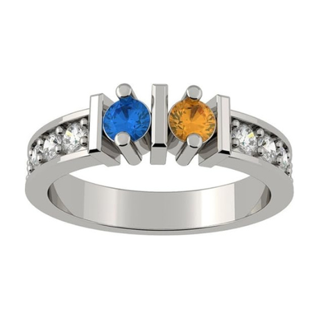 Central Diamond Center Straight Bar w/ Sides Couples 2 Stone Ring w/ Simulated Birthstones Silver or 10K, 14K Gold