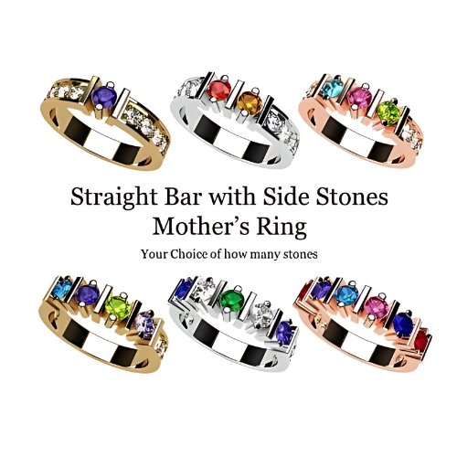 Central Diamond Center Straight Bar w/ Side CZs Mothers Ring with 1-6 Simulated Birthstones in Solid Sterling Silver, 10K or 14K Gold