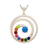 Central Diamond Center Swirl Birthstone Mothers Necklace w/ 1 to 9 Simulated Gemstones in Silver, 10K, or 14K Gold For Women