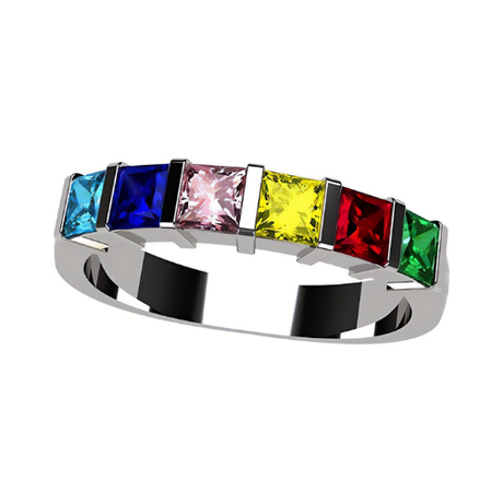 Central Diamond Center Princess Mothers Ring w/ 1 to 6 Simulated Birthstones in Sterling Silver, 10K or 14K Gold