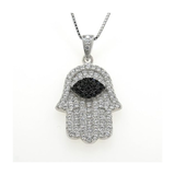 Central Diamond Center Simulated Diamonds Halo Hamsa Pendant Sterling Silver and box chain