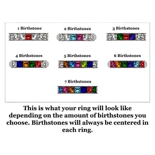 Central Diamond Center Princess Cut  Lucita Mothers Rings w/ 1 to 7 Simulated Birthstones in Sterling Silver, 10K or 14K Gold