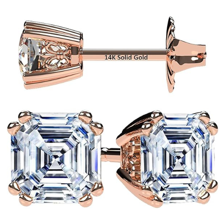 NANA Jewels Asscher Cut 14K Solid Gold Posts & Sterling Silver Simulated Diamond Stud Earrings 0.75 to 4.00ctw CZ