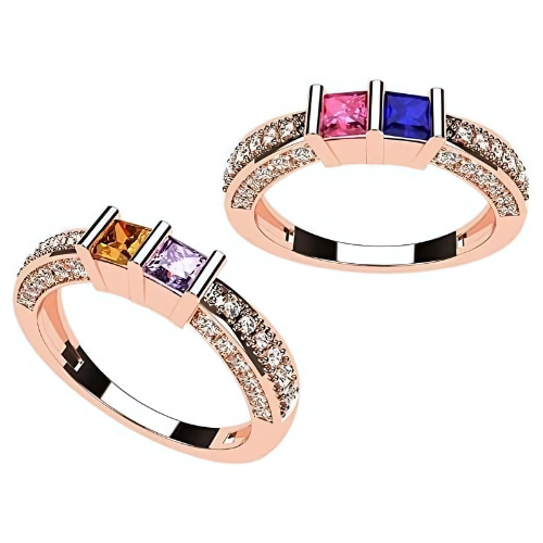 Central Diamond Center Princess Mothers Birthstone Ring w/Accent CZs on 3 Sides w/1-6 Simulated Gemstones in Silver, 10K or 14K Gold