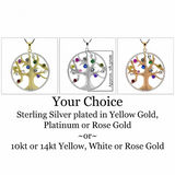 Central Diamond Center Tree of Life Mothers Birthstone Necklace in Silver-10K or 14K Gold Up to 12stones