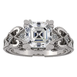 Central Diamond Center Asscher Cut Engagement Ring Pure Brilliance Zirconia, Vintage & Antique Look, Sterling Silver, 10K or 14K Gold