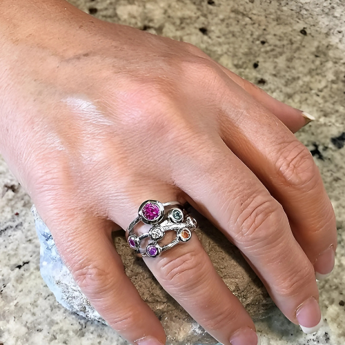 Central Diamond Center Bubble Mother's Ring with 1 to 7 Simulated Birthstones in Sterling Silver