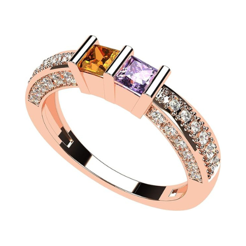 Central Diamond Center Princess Cut Birthstone Couples Ring w/CZs on 3 Sides, Sterling Silver, 10K, or 14K Gold