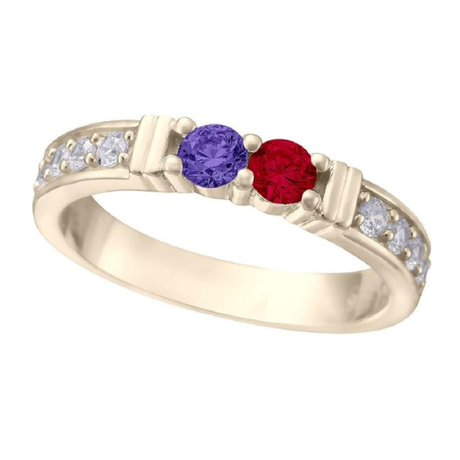 Central Diamond Center Shared Prong w/ Sides Couple 2 Stone Ring w/ Simulated Birthstones in Silver, 10K or 14k Gold