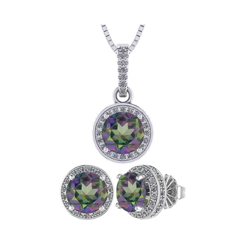 Central Diamond Center Round Halo Earring & Necklace Set w/ 6.5mm Simulated Birthstones in 925 Sterling Silver, Hypoallergenic