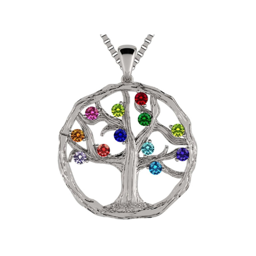 Central Diamond Center Tree of Life Mothers Birthstone Necklace in Silver-10K or 14K Gold. Up to 12stones
