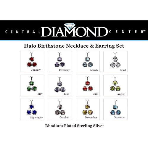 Central Diamond Center Round Halo Earring & Necklace Set w/ 6.5mm Simulated Birthstones in 925 Sterling Silver, Hypoallergenic