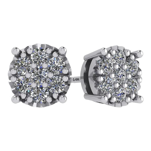 Diamond Stud Earrings CVD Lab Grown Diamonds solid 14K post & Silver basket, 7 or 9 Stone Cluster