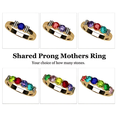 Central Diamond Center Shared Prong Mothers Birthstone Family Ring w/ 1 to 6 Simulated Gemstones in Sterling Silver, 10K or 14K Gold