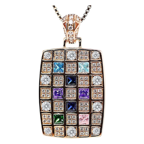 Central Diamond Center Dog Tag Mother's Necklace w/ 1 to 8 Simulated Birthstones in Silver, 10K, or 14K Gold