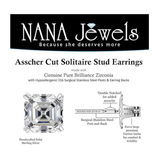 Nana Jewels Sterling Silver Asscher-Cut Pure Brilliance Zirconia Stud Earrings,(0.75 to 4 Cttw) Hypoallergenic