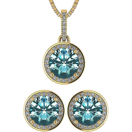 Central Diamond Center Round Halo Earring & Necklace Set w/ 6.5mm Simulated Birthstones in 925 Sterling Silver, Hypoallergenic