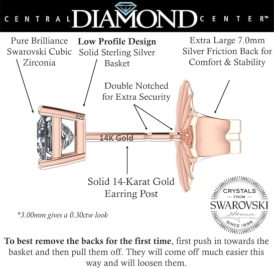 14K Gold Posts & Sterling Silver Princess Cut CZ Stud Earrings w/Pure Brilliance Zirconia, 1.50-4.00ctw