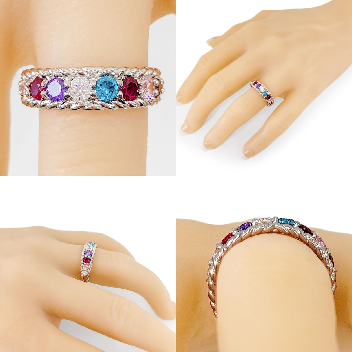 Central Diamond Center Rope Mothers Birthstone Ring with 1 to 10 Simulated Birthstones, Sterling Silver, 10K or 14K Gold