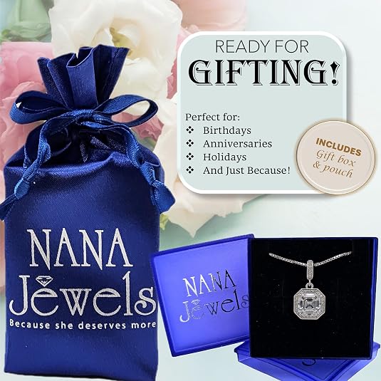 NANA Asscher Cut Halo CZ Simulated Diamond Solitaire Necklace Sterling Silver 7mm Zirconia Center Gemstone