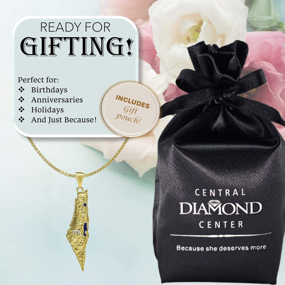 Central Diamond Center Israel Map Necklace/Pendant-Sterling Silver Am Israel Chai on Back Side-3D Map of Israel Large & Small