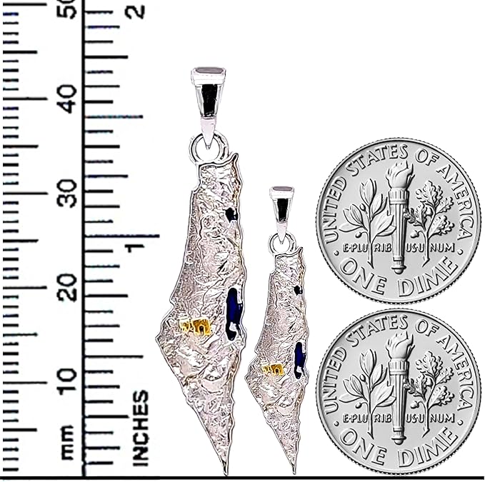 Central Diamond Center Israel Map Necklace/Pendant-Sterling Silver Am Israel Chai on Back Side-3D Map of Israel Large & Small