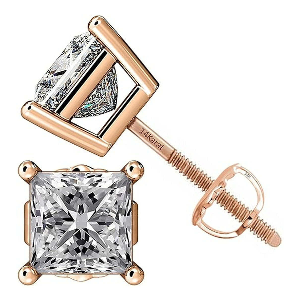 Central Diamond Center Princess Cut CVD Lab-grown Diamond Stud Earrings 14K solid Gold from 0.20ct to 2.00ct E-F VS-SI