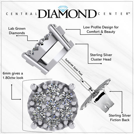 Diamond Stud Earrings CVD Lab Grown Diamonds solid 14K post & Silver basket, 7 or 9 Stone Cluster