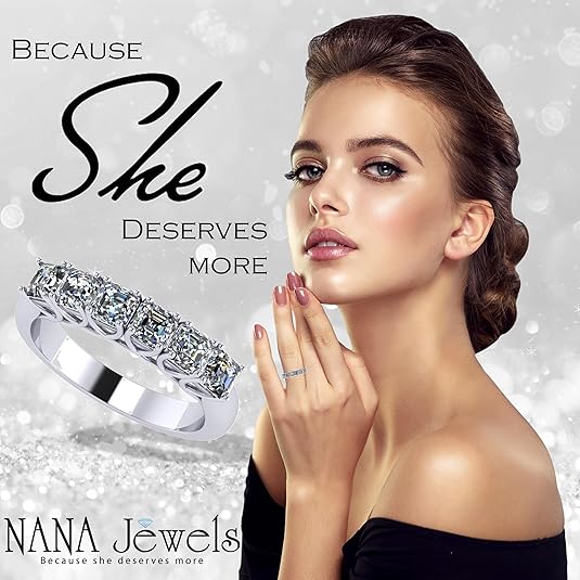 NANA Jewels Asscher Cut Simulated Diamond Ring 1.00ctw 6 Stone Wedding Band, Sterling Silver 10K/14K Gold