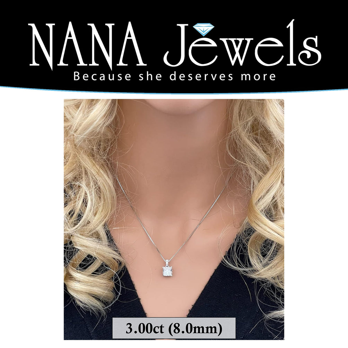NANA Jewels Cushion Cut CZ Simulated Diamond Solitaire Necklace Sterling Silver 7-8mm Cubic Zirconia, 2.00ct & 3.00ct