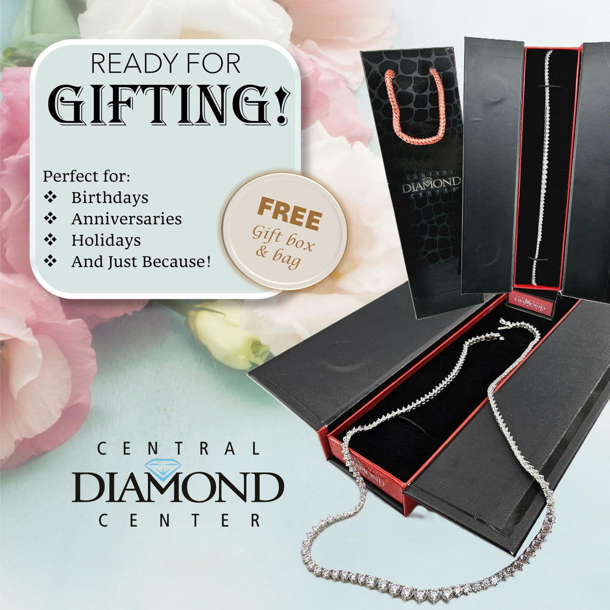 Central Diamond Center Sterling Silver & Graduated CZ 3 or 4 prongs Tennis Necklace, 18", White, Yellow or Rose Gold Plated