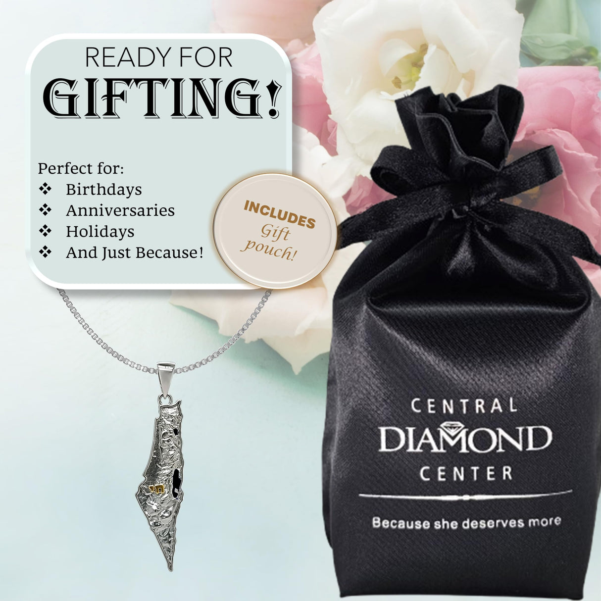 Central Diamond Center Israel Map Necklace/Pendant-Sterling Silver Am Israel Chai on Back Side-3D Map of Israel Large & Small