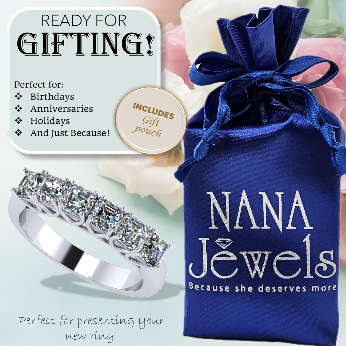 Central Diamond Center Asscher Cut Lucita Mothers Rings w/ 1 to 7 Simulated Birthstones in Sterling Silver, 10K or 14K Gold
