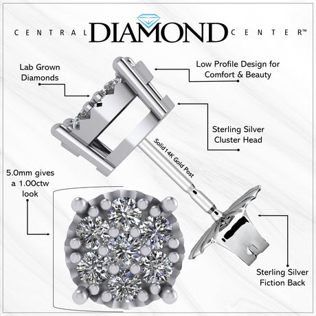 Diamond Stud Earrings CVD Lab Grown Diamonds solid 14K post & Silver basket, 7 or 9 Stone Cluster