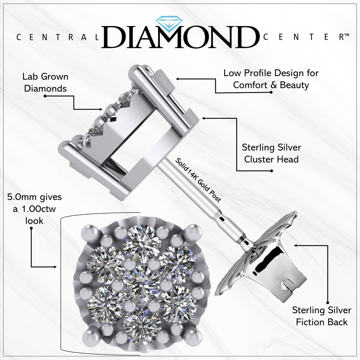 Diamond Stud Earrings CVD Lab Grown Diamonds solid 14K post & Silver basket, 7 or 9 Stone Cluster